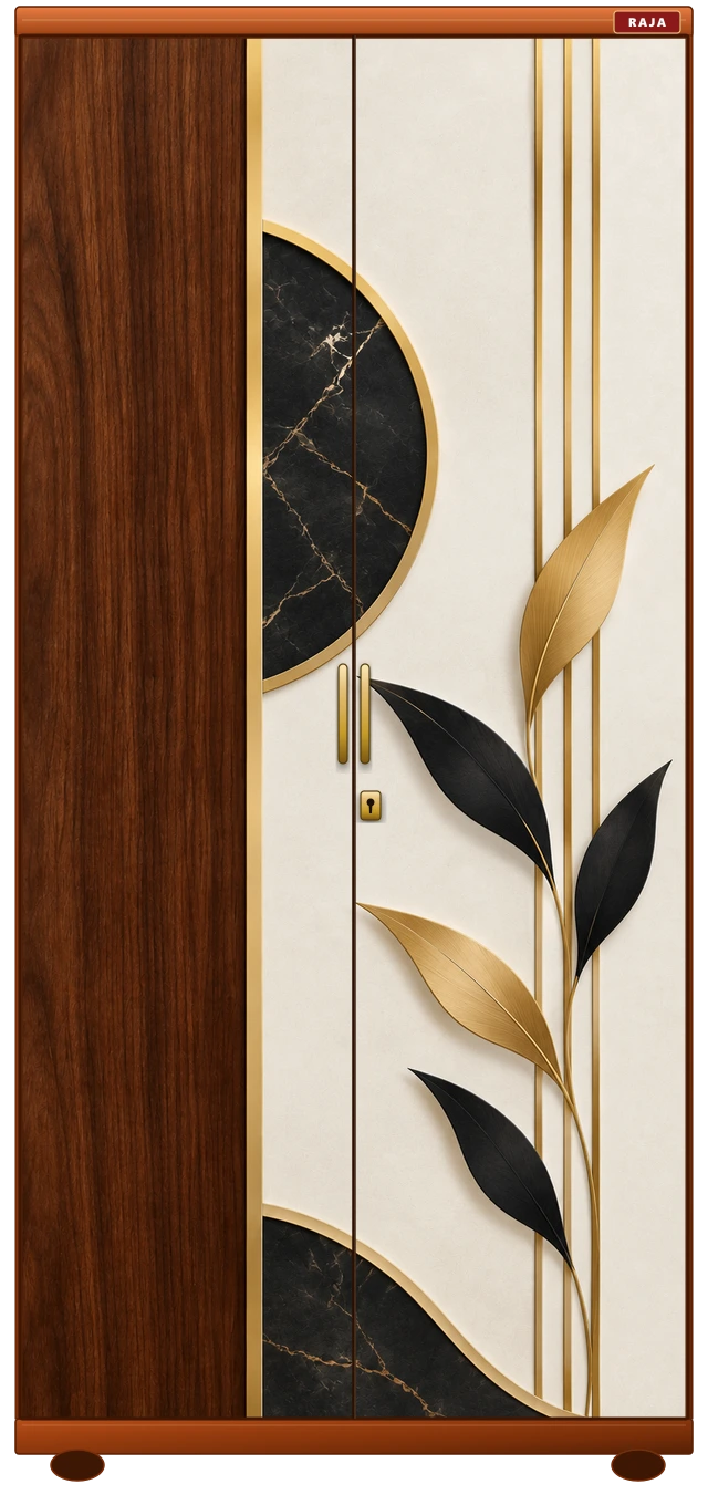 Italian Nero Marquina - Fluted Brass Ribs & Eclipse Leaf Sprig Raja Steel Almirah