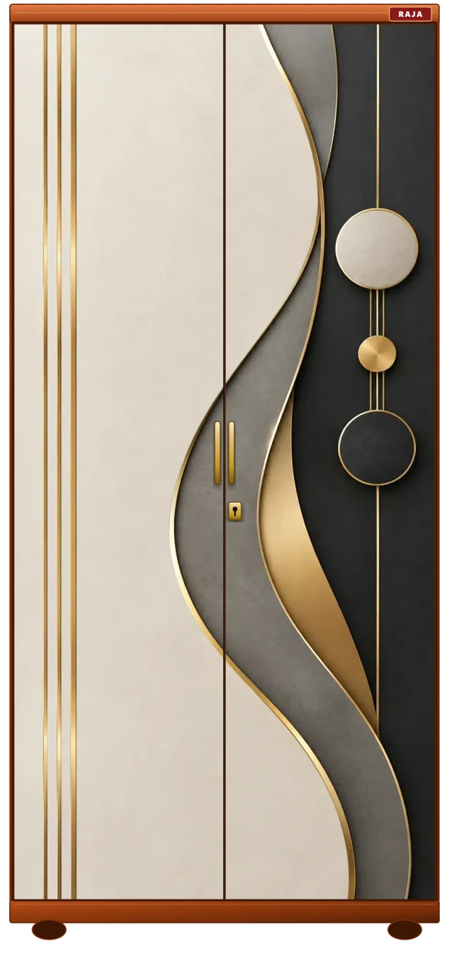 The Champagne Eclipse - Curved Gold Ribbon & Concentric Spheres Raja Steel Almirah